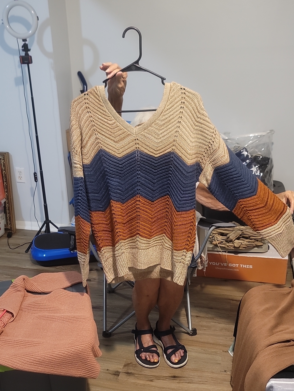 Colorblock Chevron Knit Sweater - Beige, Blue & Rust